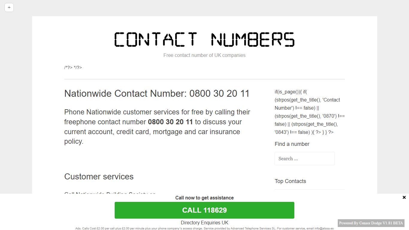 Nationwide Contact Number: 0800 30 20 11 - Free Phone Numbers